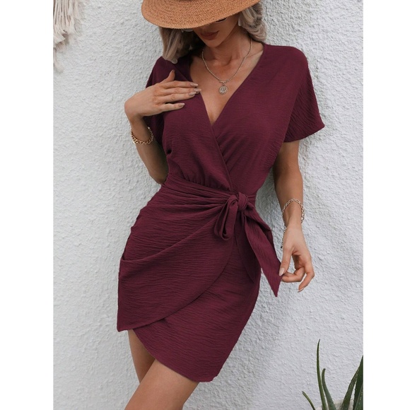 Burgundy Wrap Side Tie Mini Dress Short Sleeves - Picture 5 of 9